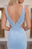 Load image into Gallery viewer, Sparkly Blue Tight Short V-Neck Cocktail Dress with Pearls