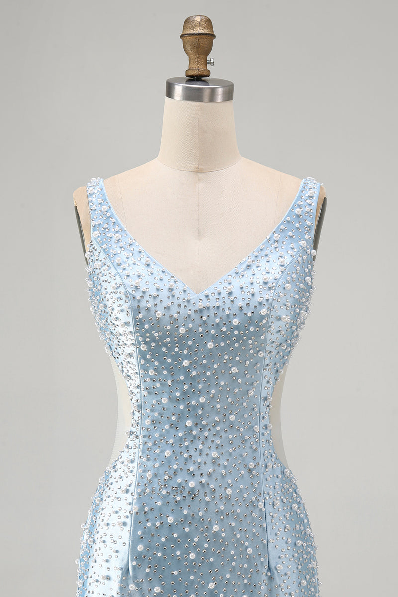 Load image into Gallery viewer, Sparkly Blue Tight Short V-Neck Cocktail Dress with Pearls