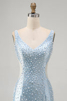 Load image into Gallery viewer, Blue Tight V-Neck Sparkly Cut Out Beaded Short Cocktail Dress with Pearls