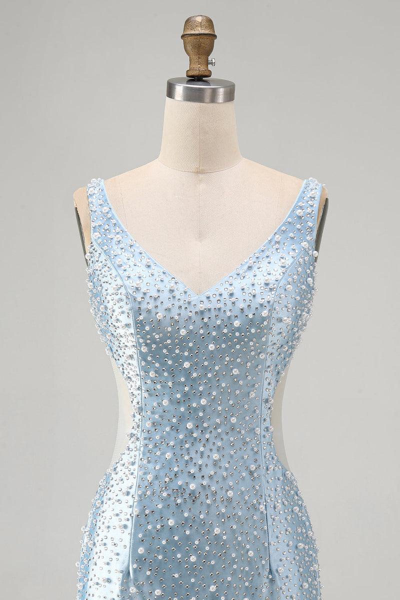 Load image into Gallery viewer, Blue Tight V-Neck Sparkly Cut Out Beaded Short Cocktail Dress with Pearls