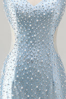 Load image into Gallery viewer, Blue Tight V-Neck Sparkly Cut Out Beaded Short Cocktail Dress with Pearls