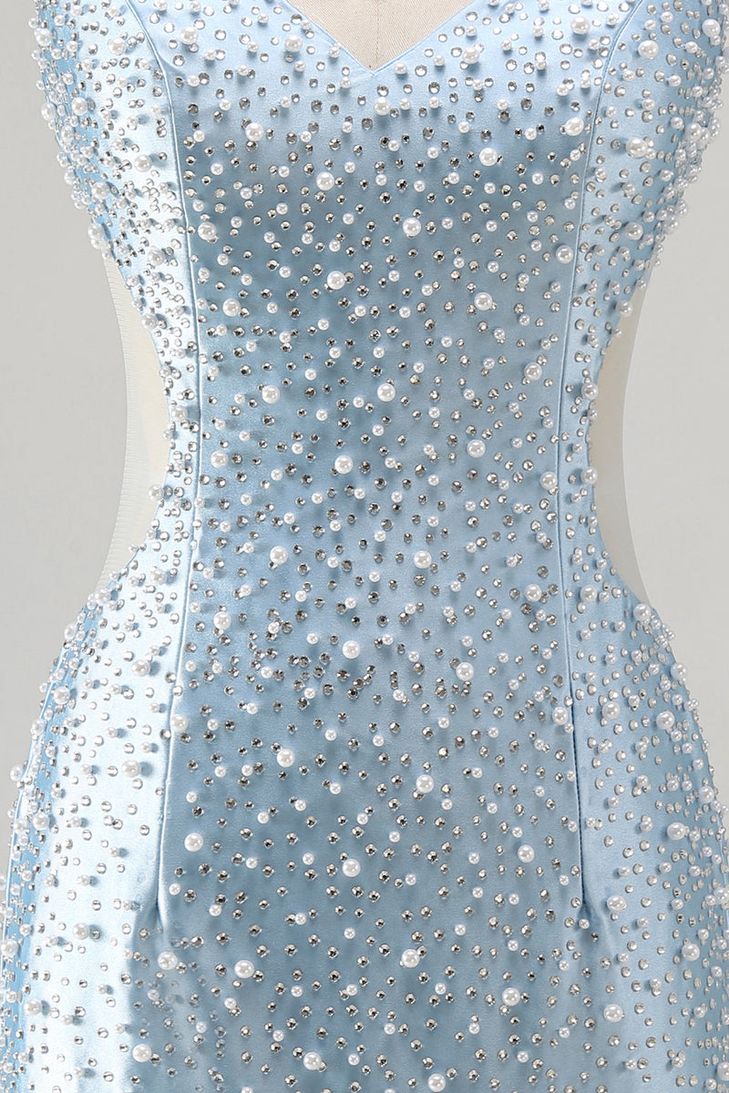 Load image into Gallery viewer, Blue Tight V-Neck Sparkly Cut Out Beaded Short Cocktail Dress with Pearls