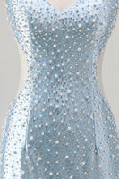 Load image into Gallery viewer, Sparkly Blue Tight Short V-Neck Cocktail Dress with Pearls