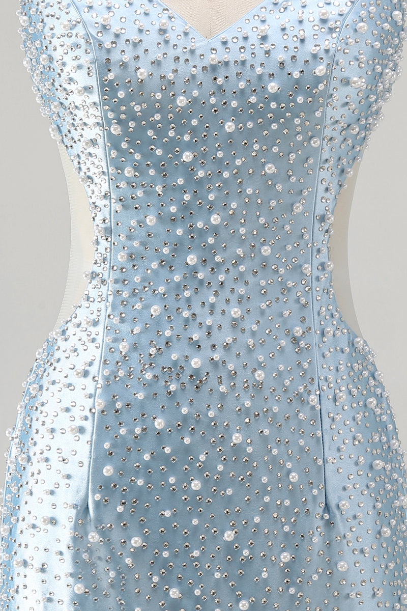 Load image into Gallery viewer, Sparkly Blue Tight Short V-Neck Cocktail Dress with Pearls