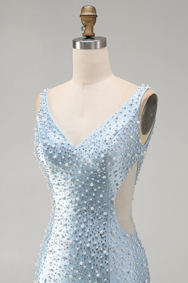 Load image into Gallery viewer, Blue Tight V-Neck Sparkly Cut Out Beaded Short Cocktail Dress with Pearls