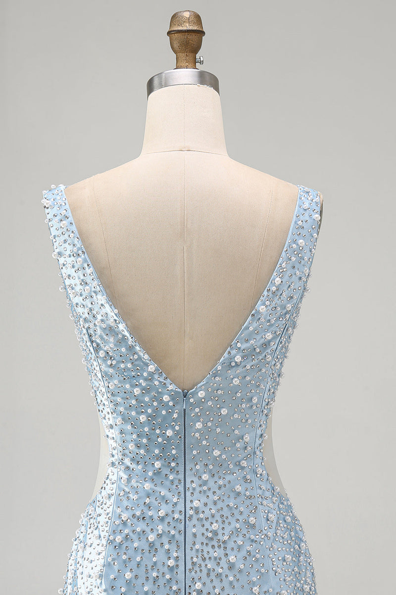 Load image into Gallery viewer, Blue Tight V-Neck Sparkly Cut Out Beaded Short Cocktail Dress with Pearls