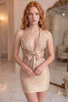 Load image into Gallery viewer, Grey Blue Beaded Halter Neck Cut Out Tight Short Cocktail Dress with Bow