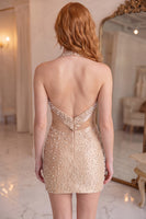 Load image into Gallery viewer, Grey Blue Beaded Halter Neck Cut Out Tight Short Cocktail Dress with Bow