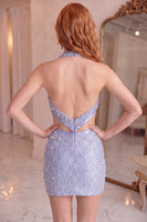 Load image into Gallery viewer, Grey Blue Beaded Halter Neck Cut Out Tight Short Cocktail Dress with Bow