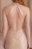 Load image into Gallery viewer, Grey Blue Beaded Halter Neck Cut Out Tight Short Cocktail Dress with Bow