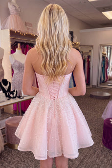 Sparkly Corset Pink A Line Short Cocktail Dress with Pearls