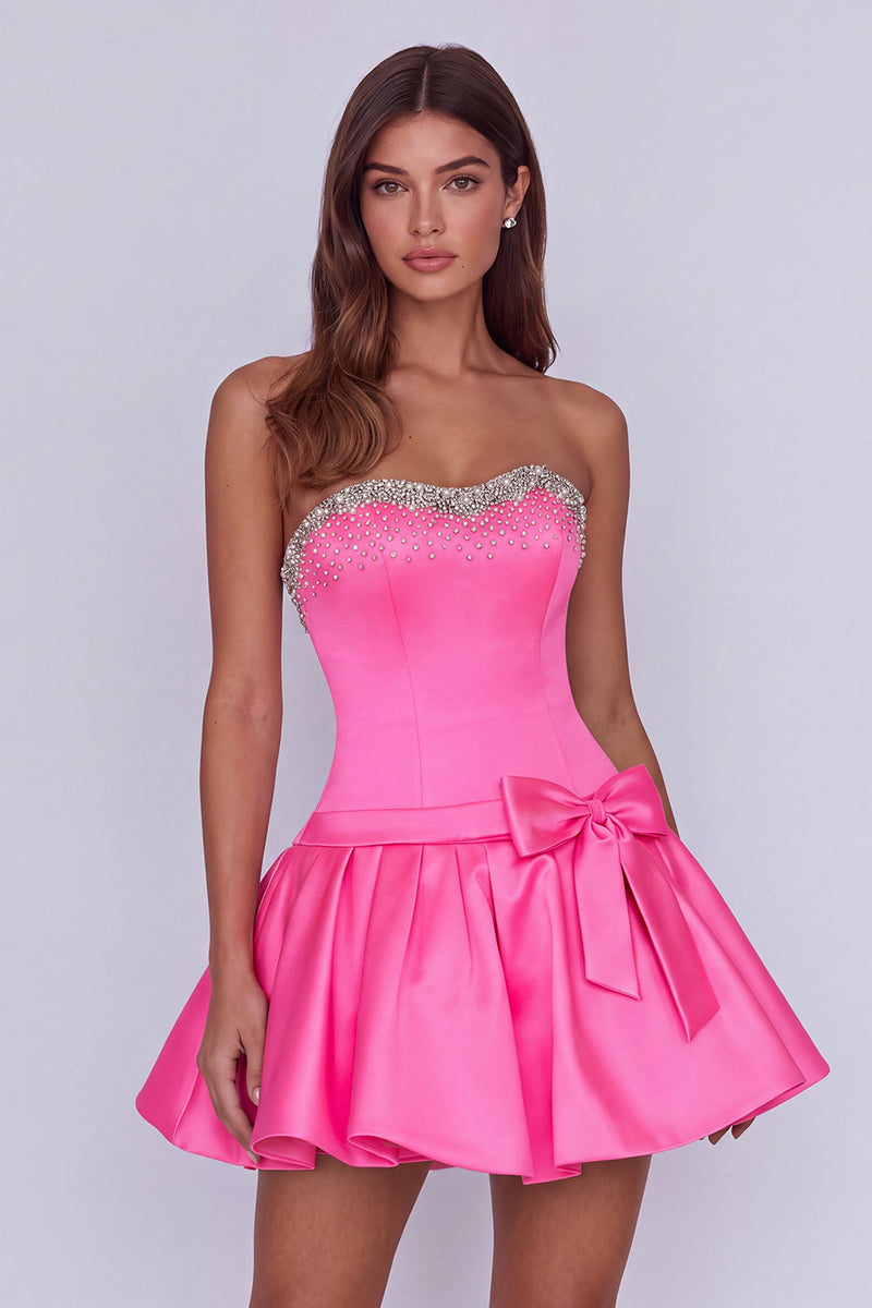 Load image into Gallery viewer, Hot Pink Sparkly Beaded Sweetheart Short Cocktail Dress with Bows