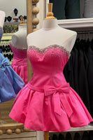 Load image into Gallery viewer, Hot Pink Sparkly Beaded Sweetheart Short Cocktail Dress with Bows