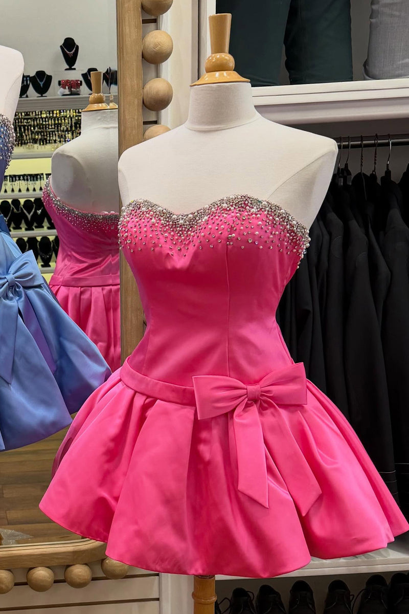 Load image into Gallery viewer, Hot Pink Sparkly Beaded Sweetheart Short Cocktail Dress with Bows