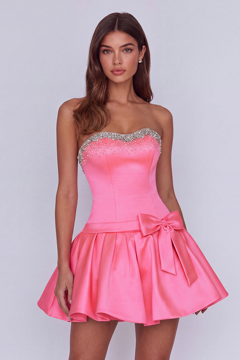 Load image into Gallery viewer, Hot Pink Sparkly Beaded Sweetheart Short Cocktail Dress with Bows