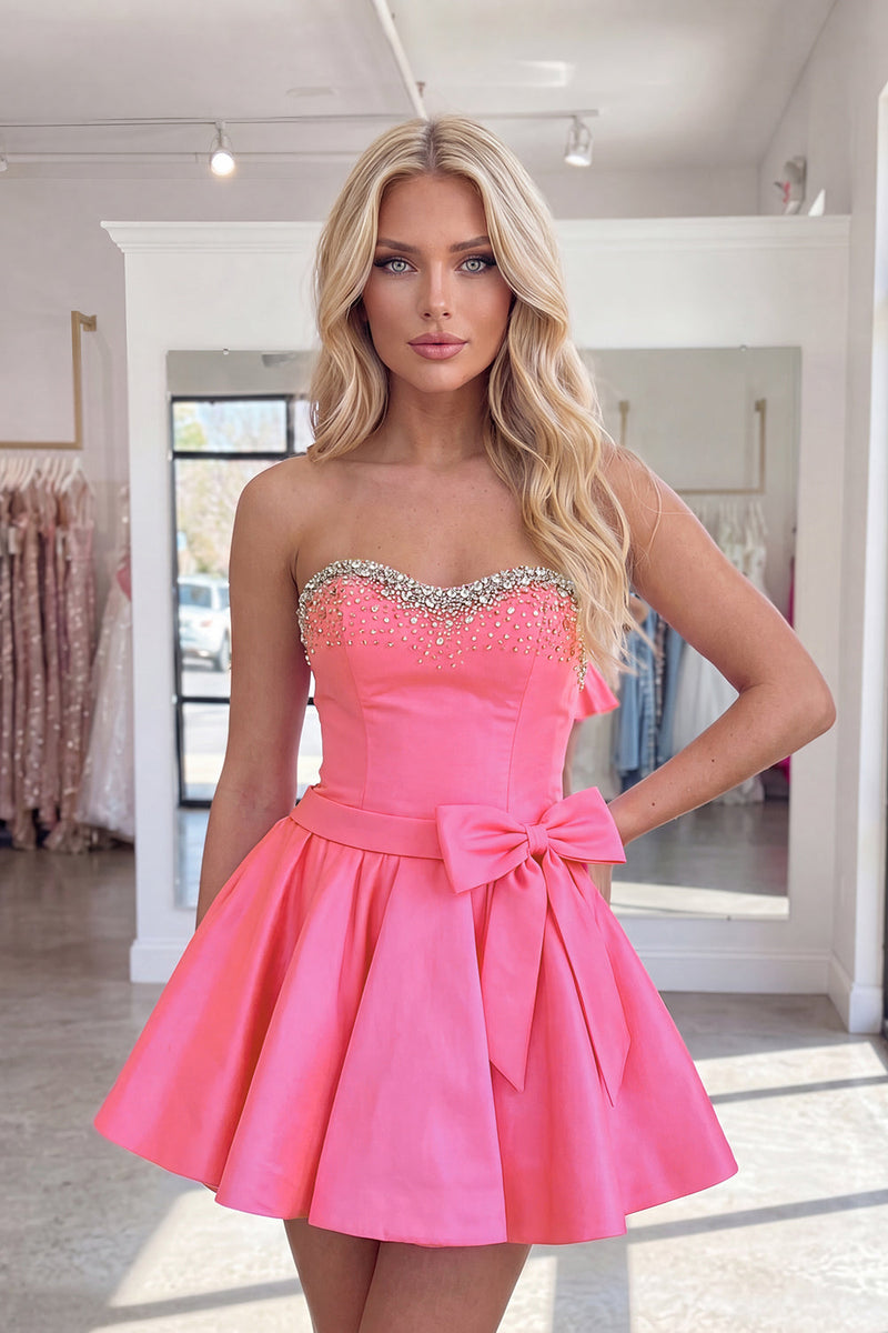 Load image into Gallery viewer, Hot Pink Sparkly Beaded Sweetheart Short Cocktail Dress with Bows