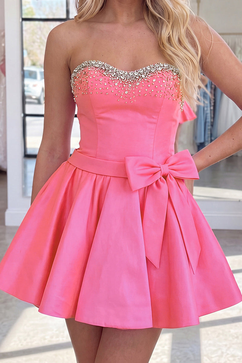 Load image into Gallery viewer, Hot Pink Sparkly Beaded Sweetheart Short Cocktail Dress with Bows