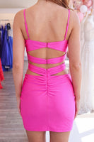 Load image into Gallery viewer, Fuchsia Ruched Cut Out Short Tight Cocktail Dress with Keyhole