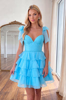 Load image into Gallery viewer, Royal Blue Ruffled Beaded Tiered A Line Short Cocktail Dress with Bows