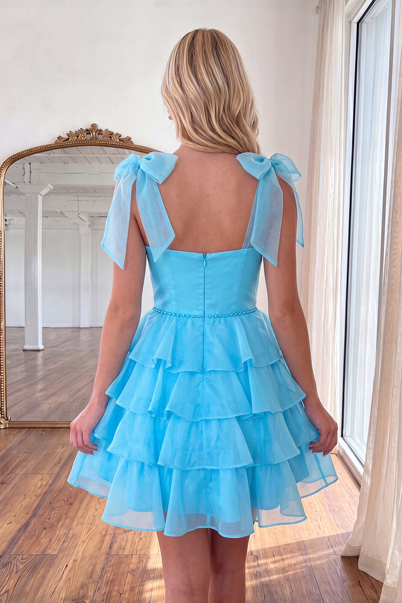 Load image into Gallery viewer, Royal Blue Ruffled Beaded Tiered A Line Short Cocktail Dress with Bows