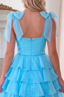 Load image into Gallery viewer, Royal Blue Ruffled Beaded Tiered A Line Short Cocktail Dress with Bows
