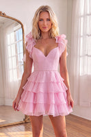 Load image into Gallery viewer, Royal Blue Ruffled Beaded Tiered A Line Short Cocktail Dress with Bows