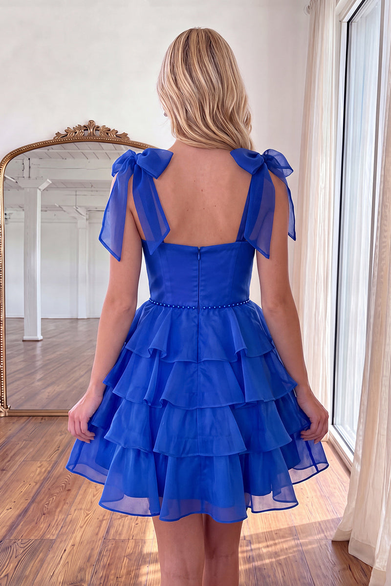 Load image into Gallery viewer, Royal Blue Ruffled Beaded Tiered A Line Short Cocktail Dress with Bows