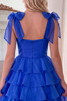 Load image into Gallery viewer, Royal Blue Ruffled Beaded Tiered A Line Short Cocktail Dress with Bows