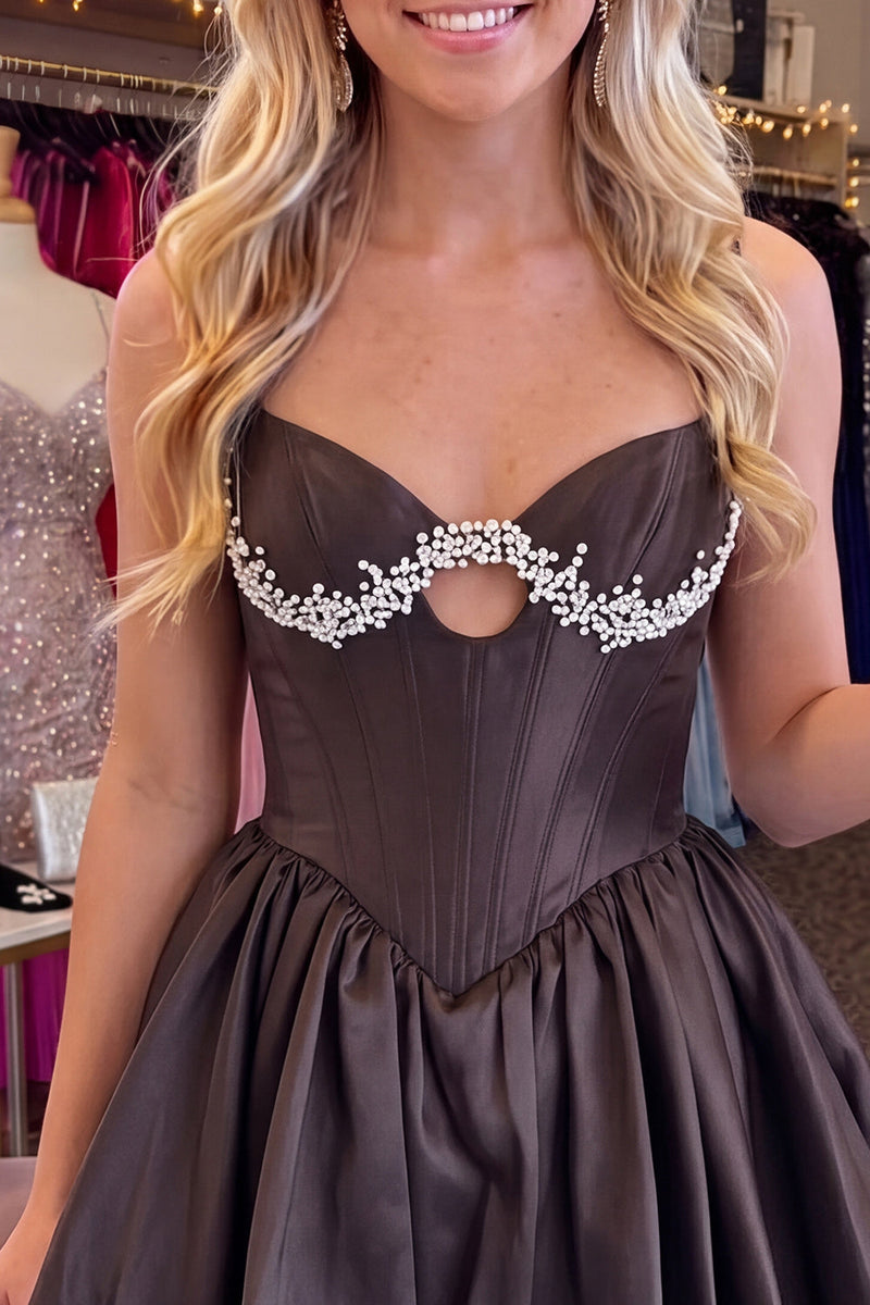 Load image into Gallery viewer, Black Corset Beaded Keyhole A Line Short Cocktail Dress
