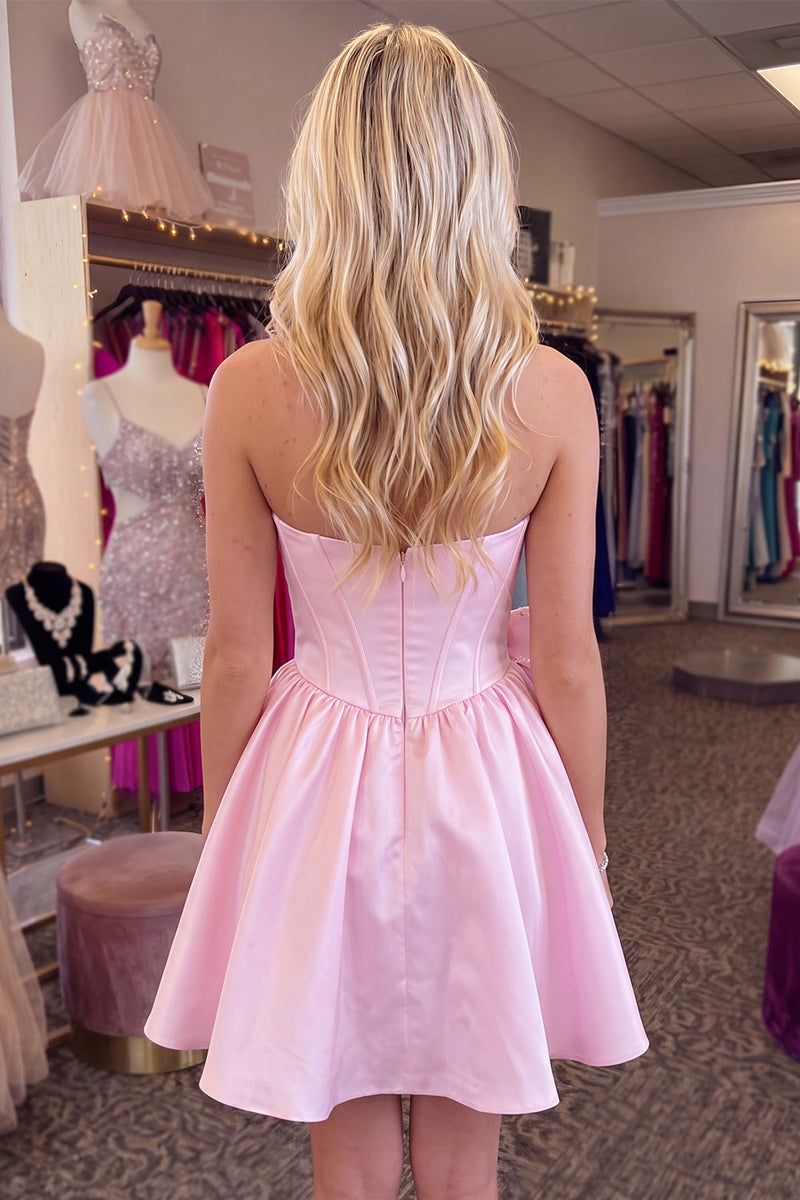 Load image into Gallery viewer, Pink Corset Strapless A Line Beaded Short Cocktail Dress with Bow