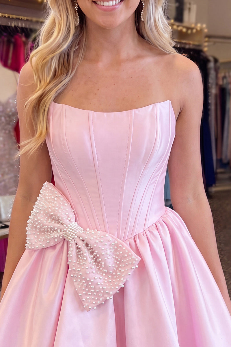Load image into Gallery viewer, Pink Corset Strapless A Line Beaded Short Cocktail Dress with Bow