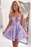 Load image into Gallery viewer, Lilac Floral Beaded Strapless A Line Short Cocktail Dress with Bows