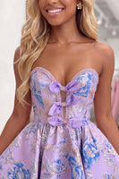 Load image into Gallery viewer, Lilac Floral Beaded Strapless A Line Short Cocktail Dress with Bows