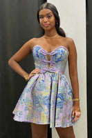 Load image into Gallery viewer, Lilac Floral Beaded Strapless A Line Short Cocktail Dress with Bows