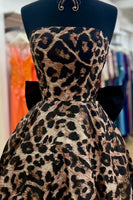 Load image into Gallery viewer, Brown Leopard Print Strapless Ruched A Line Short Cocktail Dress with Bow