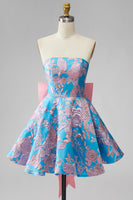 Load image into Gallery viewer, Blue and Fuchsia Floral Strapless A Line Short Cocktail Dress with Bow