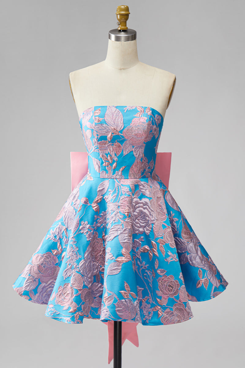 Load image into Gallery viewer, Blue and Fuchsia Floral Strapless A Line Short Cocktail Dress with Bow