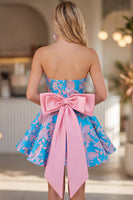 Load image into Gallery viewer, Blue and Fuchsia Floral Strapless A Line Short Cocktail Dress with Bow