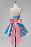 Load image into Gallery viewer, Blue and Fuchsia Floral Strapless A Line Short Cocktail Dress with Bow