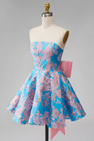 Load image into Gallery viewer, Blue and Fuchsia Floral Strapless A Line Short Cocktail Dress with Bow