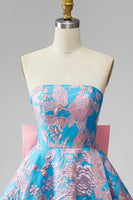Load image into Gallery viewer, Blue and Fuchsia Floral Strapless A Line Short Cocktail Dress with Bow