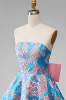 Load image into Gallery viewer, Blue and Fuchsia Floral Strapless A Line Short Cocktail Dress with Bow