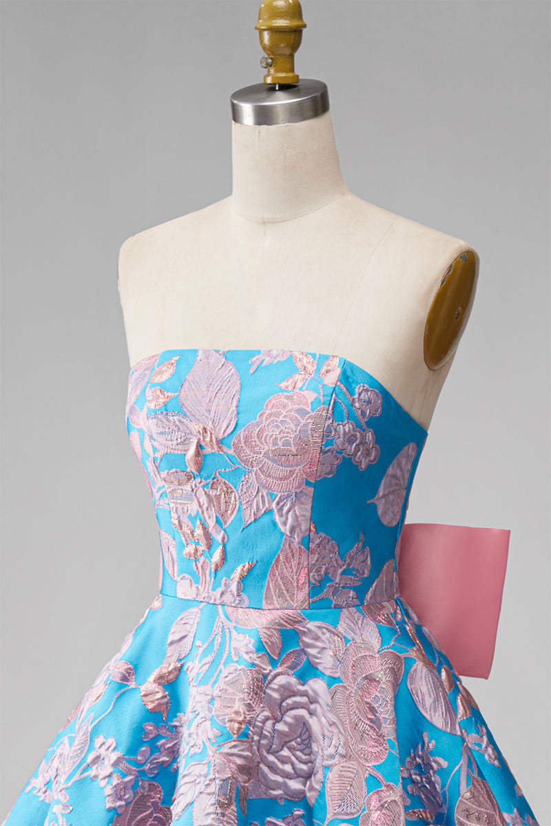 Load image into Gallery viewer, Blue and Fuchsia Floral Strapless A Line Short Cocktail Dress with Bow