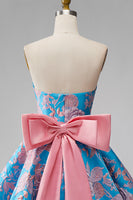 Load image into Gallery viewer, Blue and Fuchsia Floral Strapless A Line Short Cocktail Dress with Bow