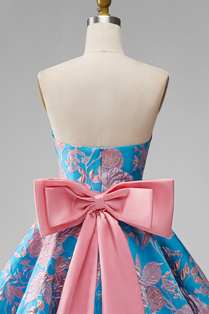 Load image into Gallery viewer, Blue and Fuchsia Floral Strapless A Line Short Cocktail Dress with Bow