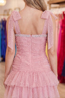 Load image into Gallery viewer, Blush Sparkly Ruffled Short Cocktail Dress with Bows