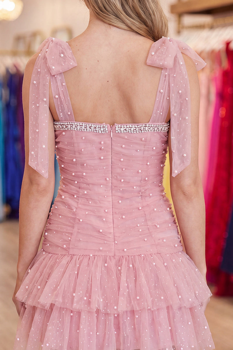 Load image into Gallery viewer, Blush Sparkly Ruffled Short Cocktail Dress with Bows