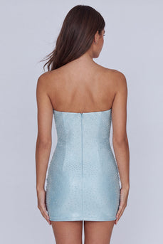 Blue Beaded Strapless Tight Short Cocktail Dress