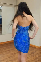 Load image into Gallery viewer, Blue Beaded Strapless Tight Short Cocktail Dress