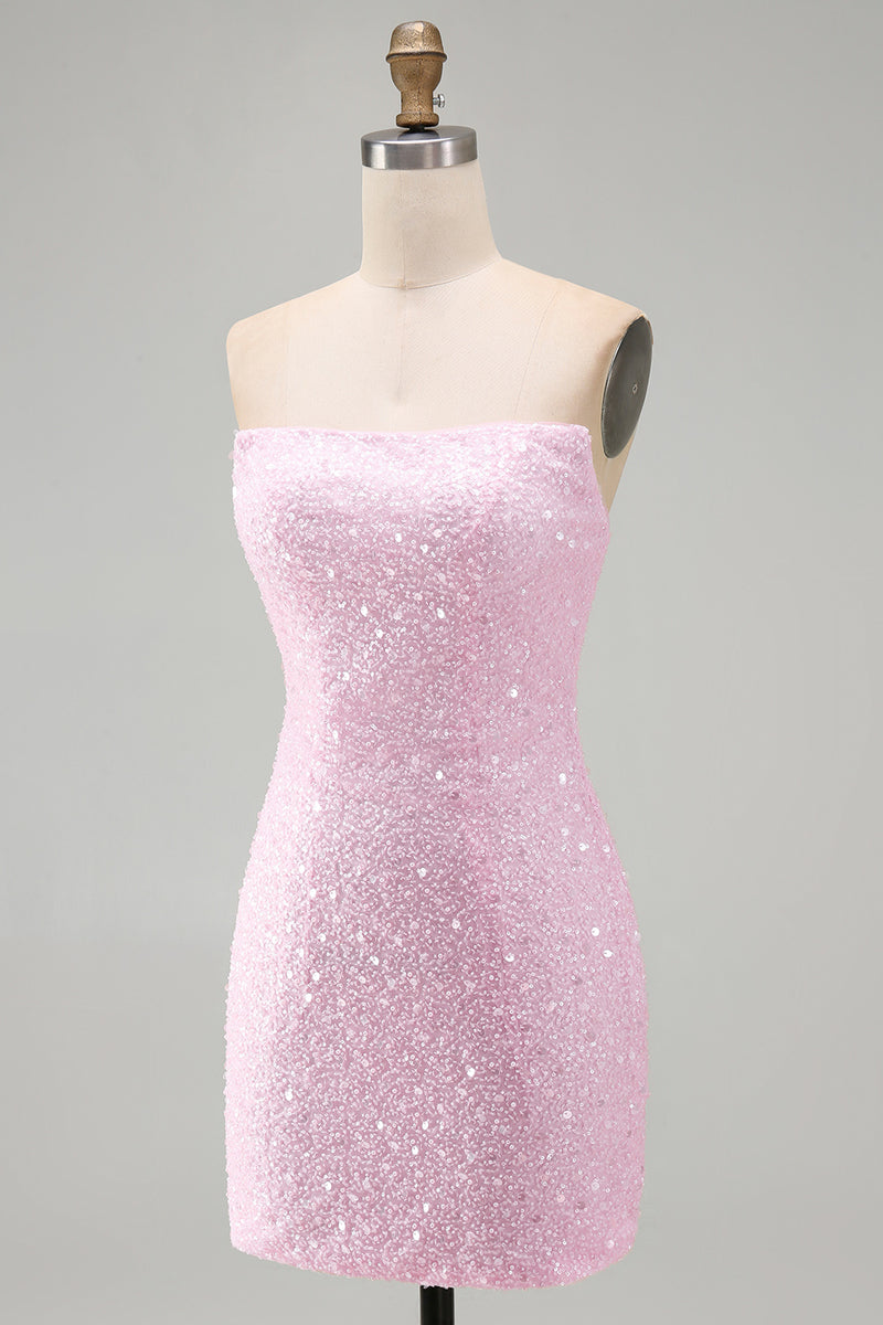 Load image into Gallery viewer, Pink Beaded Strapless Tight Short Cocktail Dress